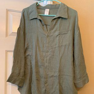 Kona Sol Button-Up Cover Up Shirtdress Small, Olive